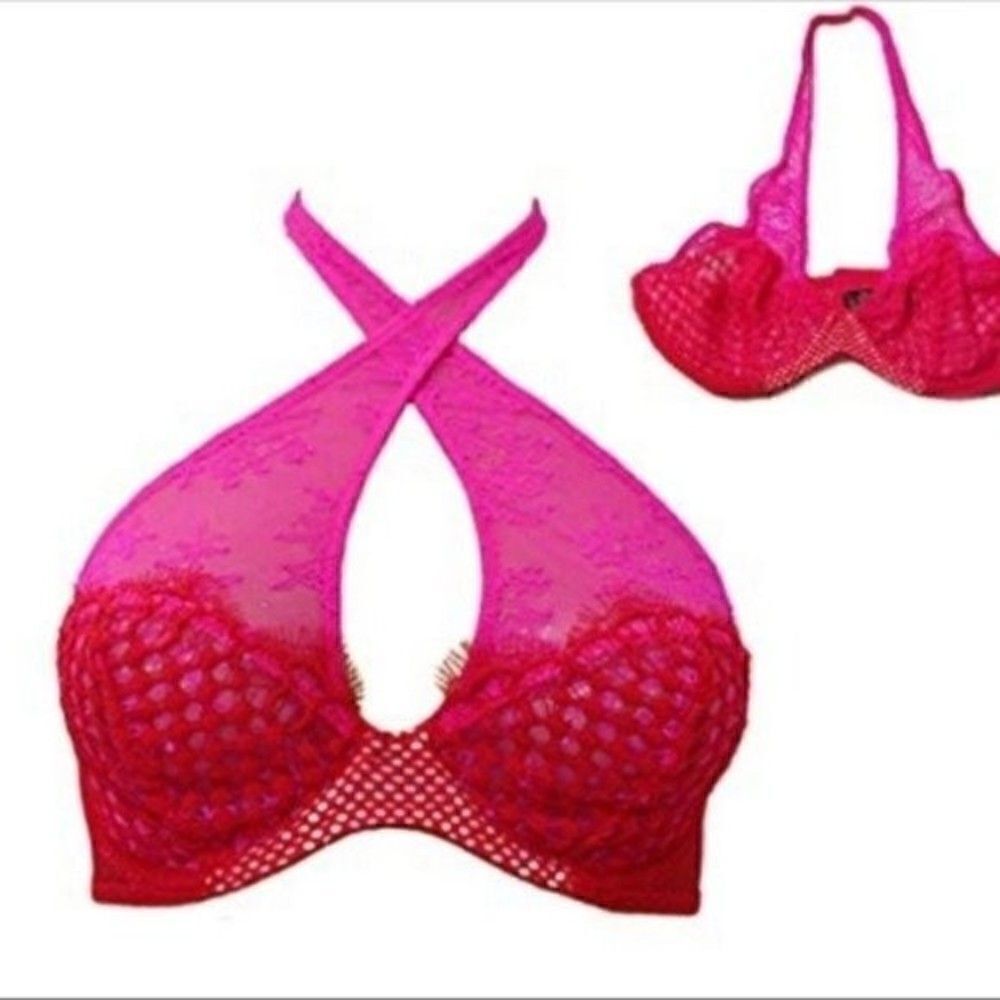 Victoria Secret NWT hot pink lace bra halter under wire 32C BoxB